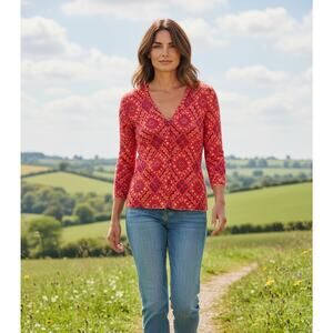 Garnet Hill Sweater Womens XL Red Geometric 3/4 Sleeve 100% Merino Wool Boho